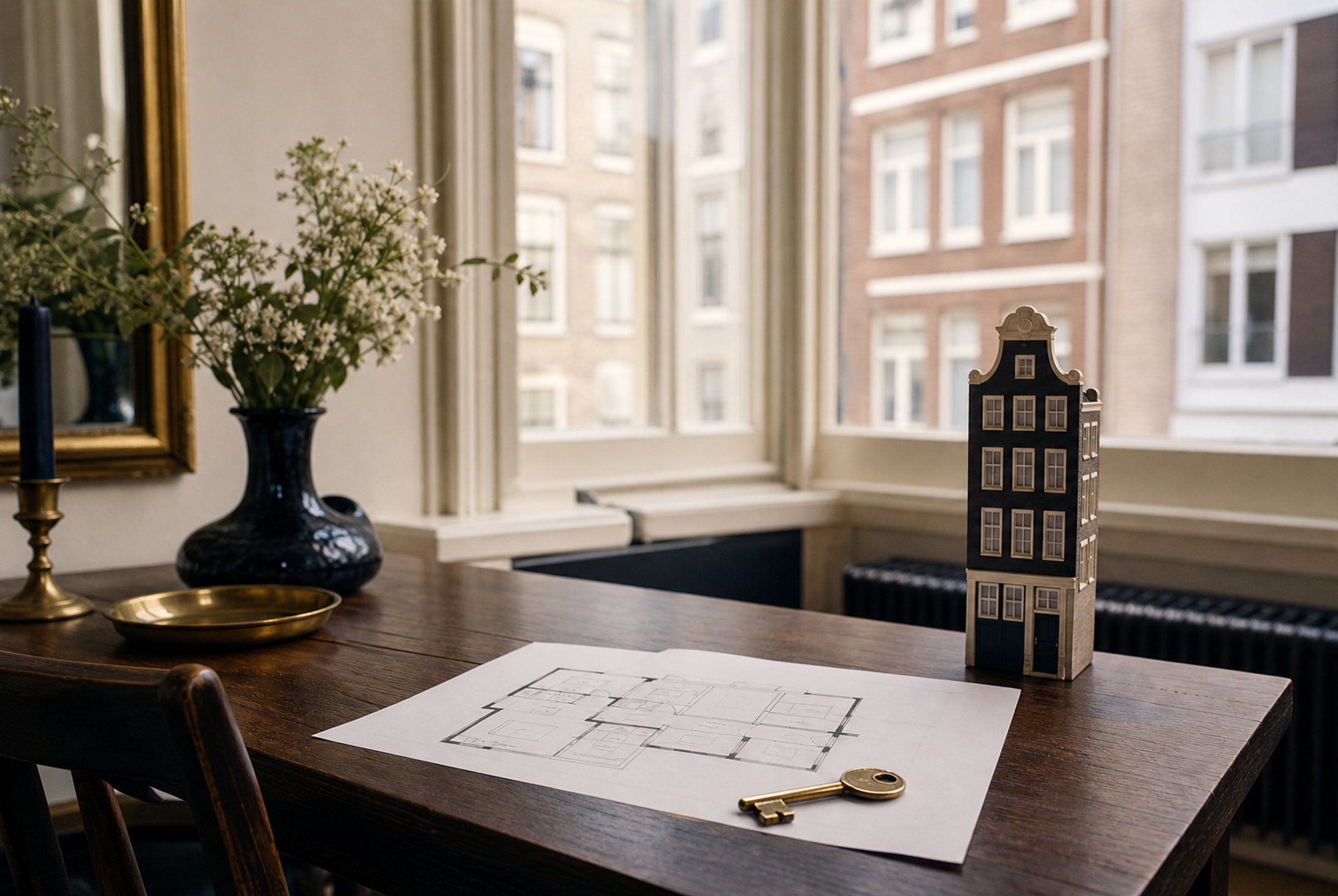 Een woningmodel, plattegrond en huissleutel op tafel bij een woning in Den Haag.