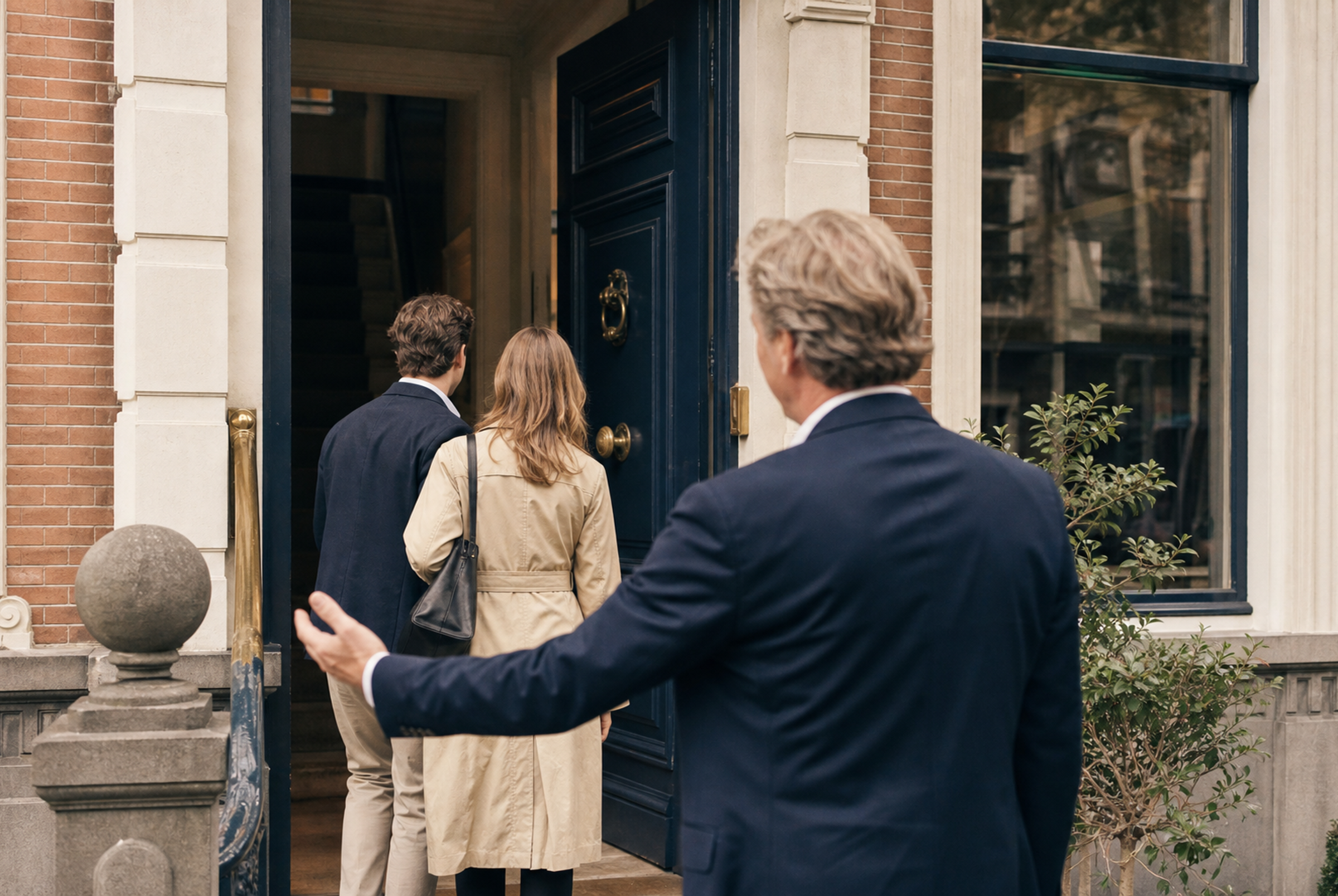 Een makelaar verwelkomt woningzoekenden bij een karakteristieke woning in Den Haag.